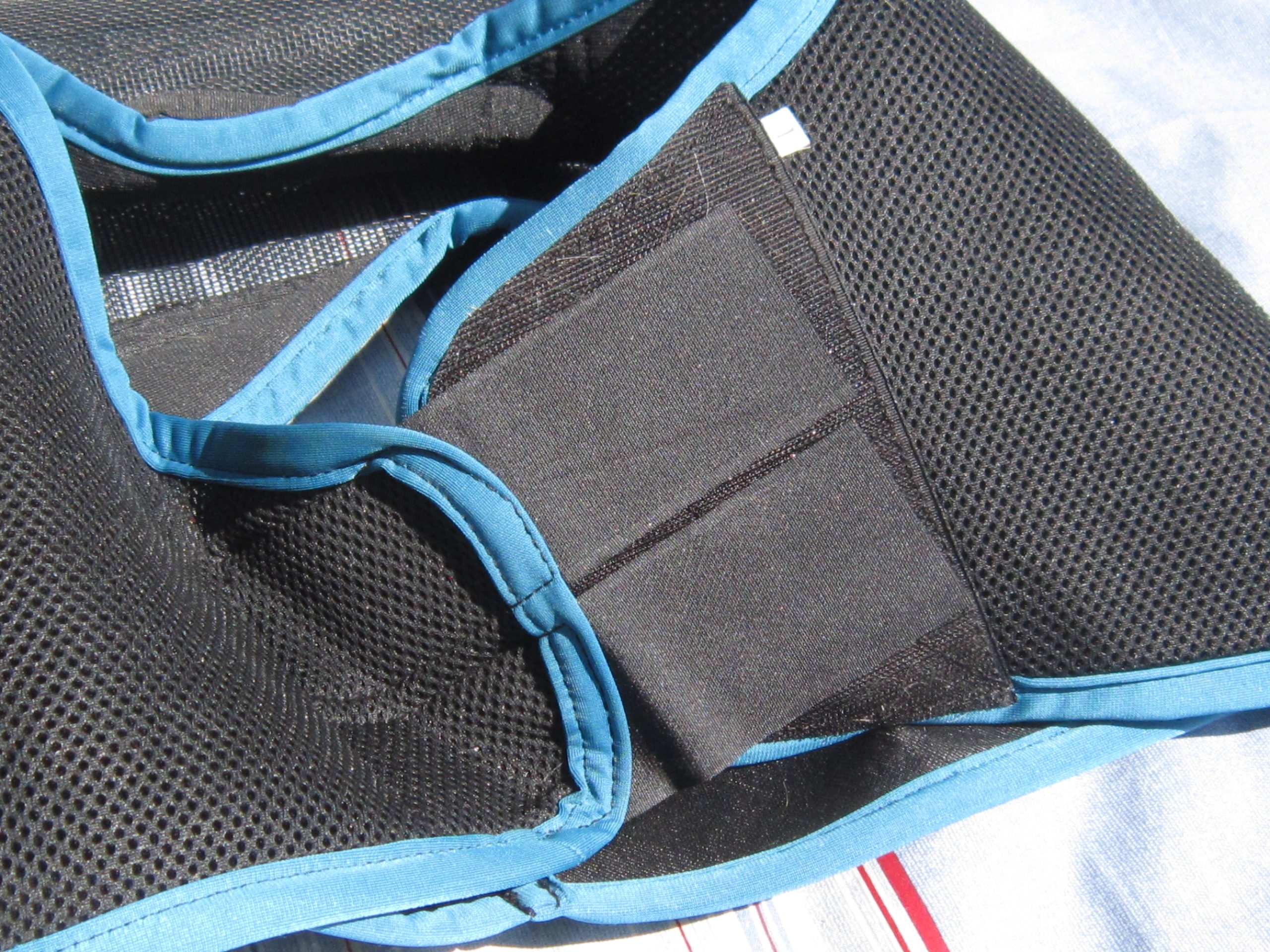 rear view of fly mask for horses showing two wide velcro straps for secure fastening